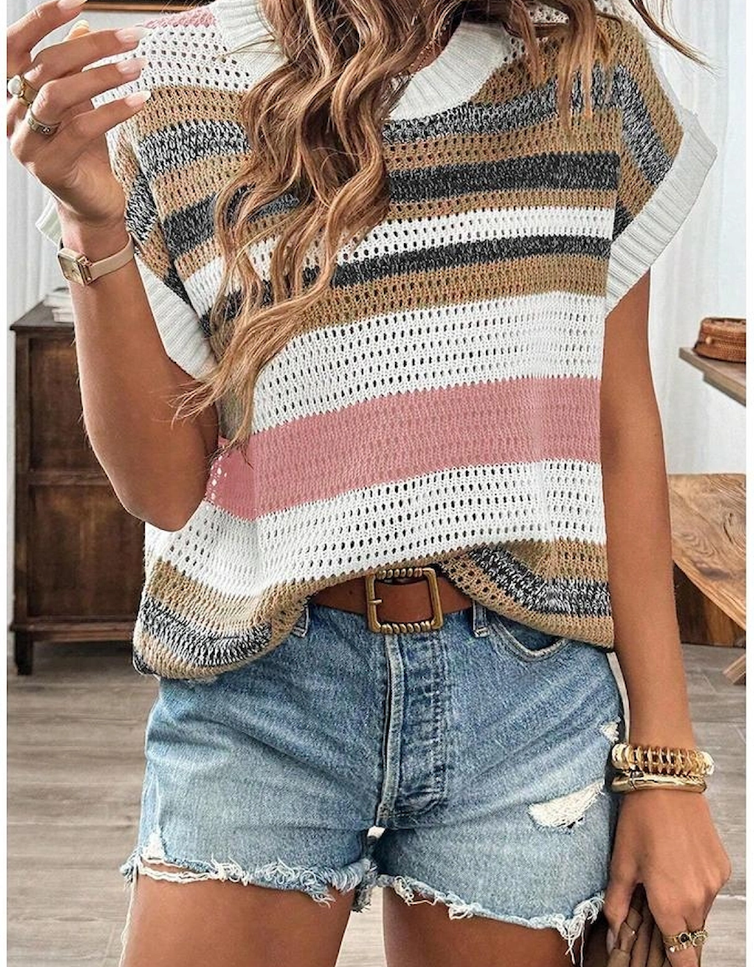 Pink Stripe Color Block Eyelet Knit Short Sleeve Sweater Tee