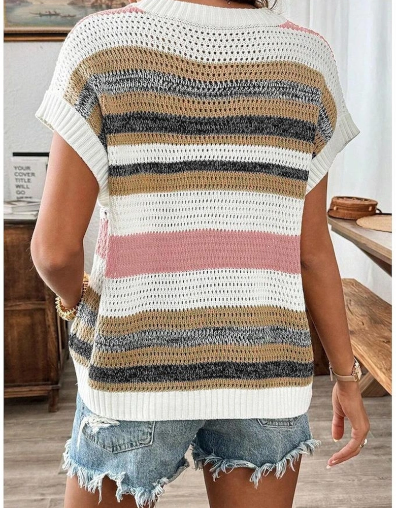 Pink Stripe Color Block Eyelet Knit Short Sleeve Sweater Tee