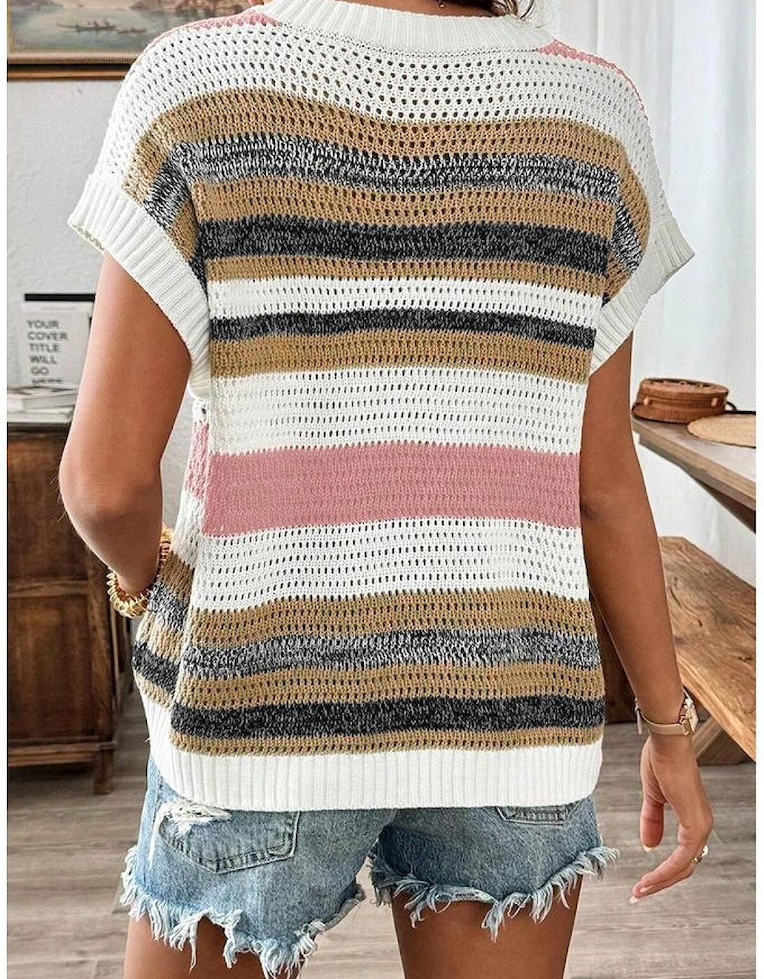 Pink Stripe Color Block Eyelet Knit Short Sleeve Sweater Tee