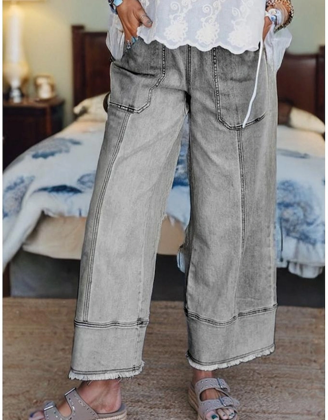 Gray Drawstring Seam Detail Raw Hem Wide Leg Denim Pants, 2 of 1