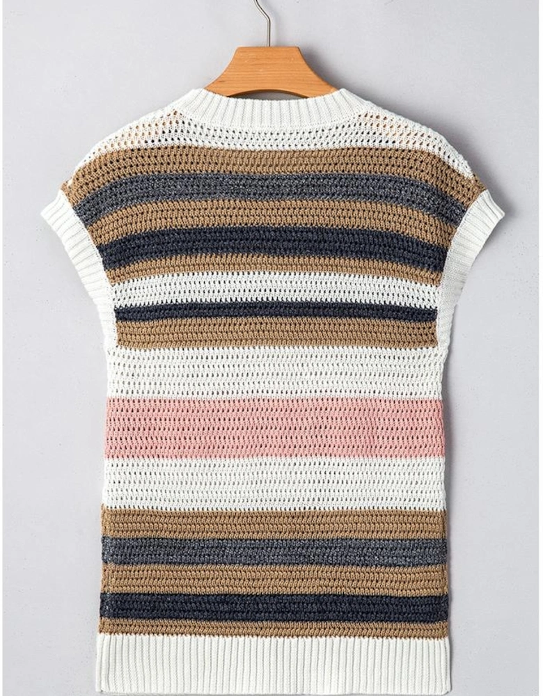 Pink Stripe Color Block Eyelet Knit Short Sleeve Sweater Tee