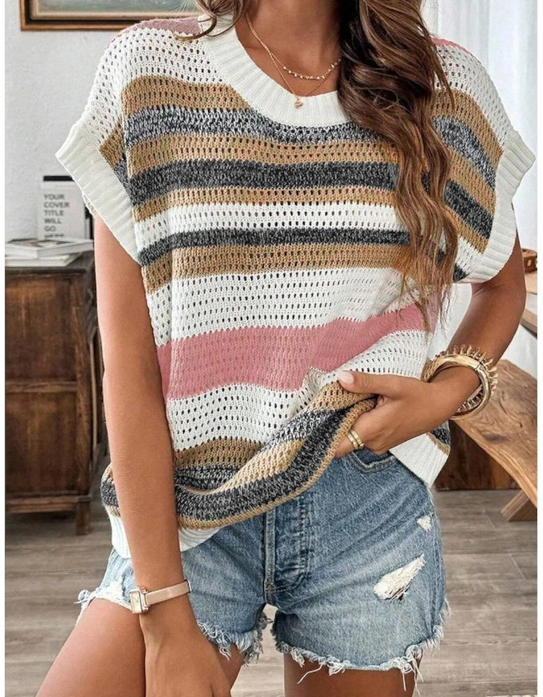 Pink Stripe Color Block Eyelet Knit Short Sleeve Sweater Tee