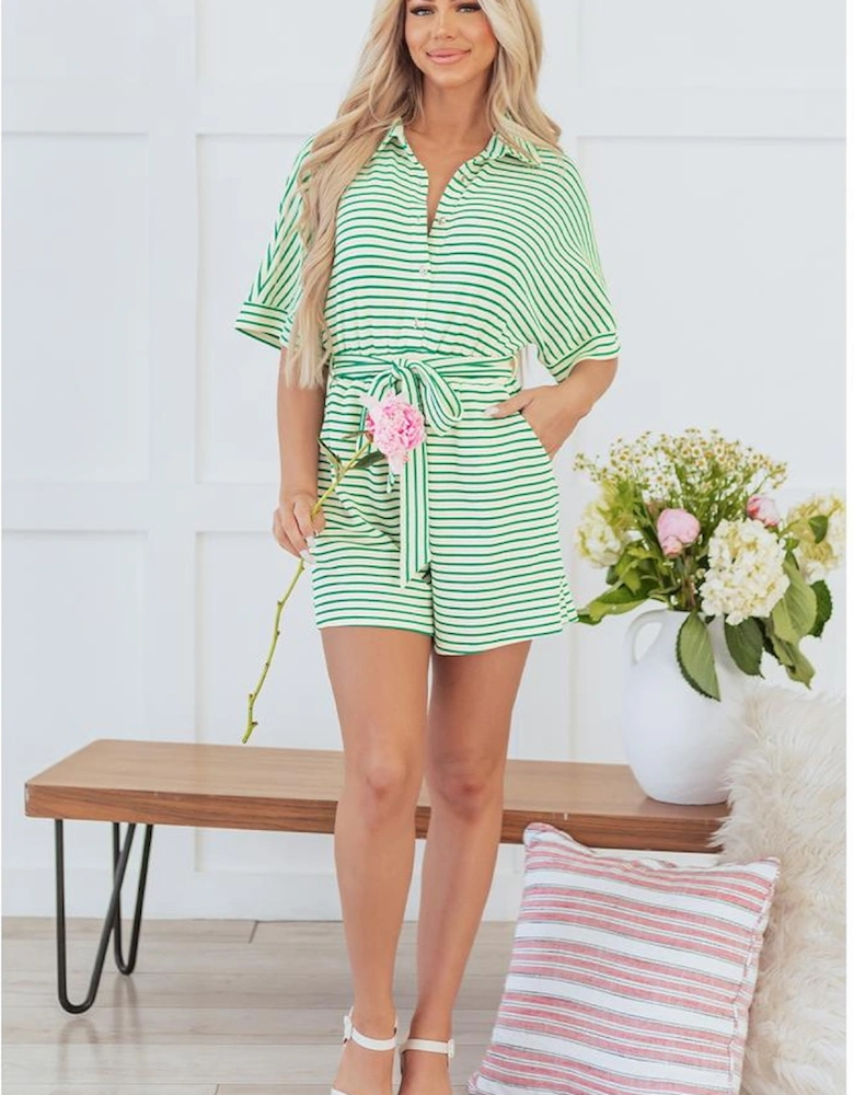 Green Stripe Textured Short Sleeve Collared Buttoned Waist Tie Romper