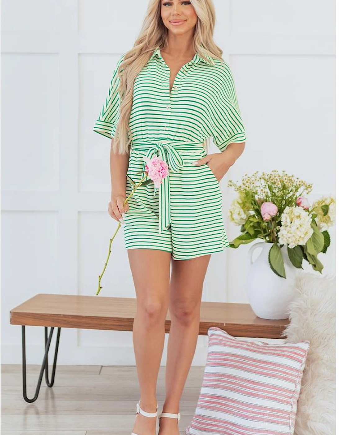 Green Stripe Textured Short Sleeve Collared Buttoned Waist Tie Romper