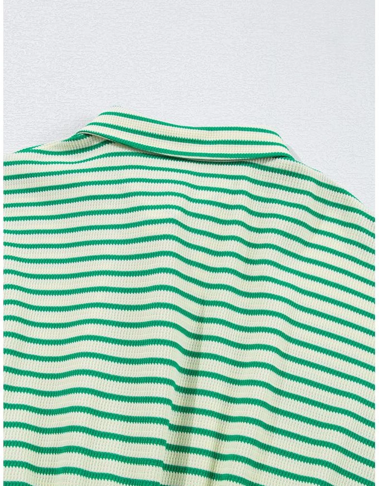 Green Stripe Textured Short Sleeve Collared Buttoned Waist Tie Romper
