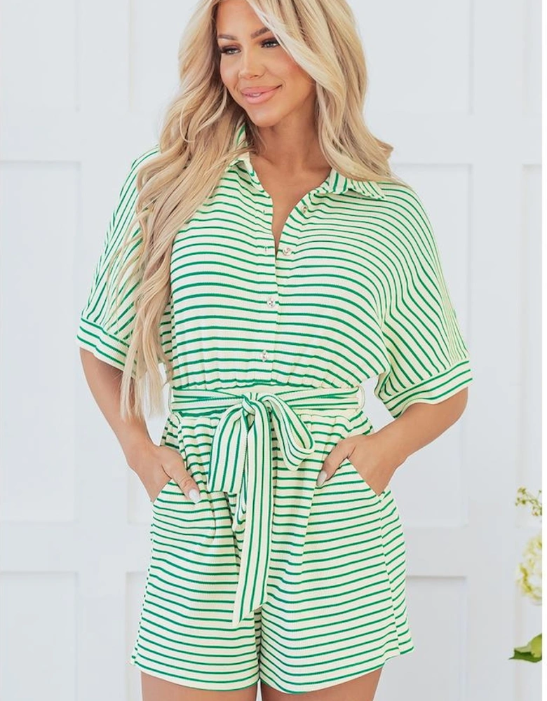 Green Stripe Textured Short Sleeve Collared Buttoned Waist Tie Romper