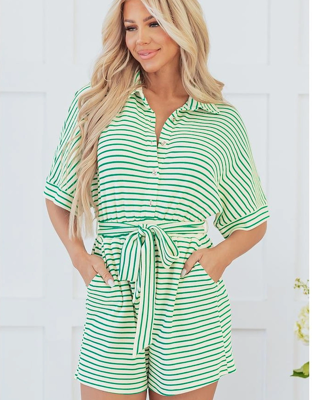 Green Stripe Textured Short Sleeve Collared Buttoned Waist Tie Romper