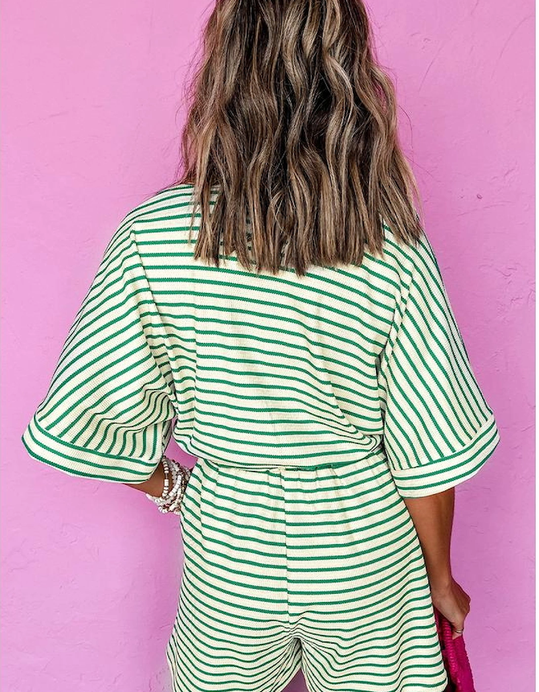 Green Stripe Textured Short Sleeve Collared Buttoned Waist Tie Romper, 17 of 16
