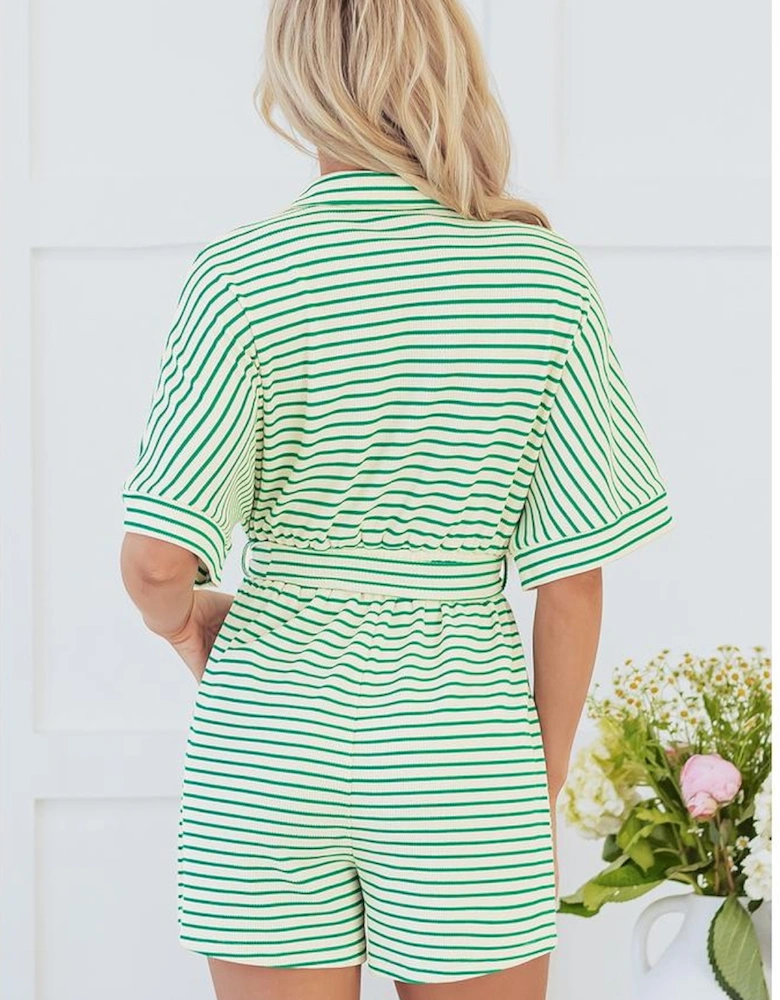 Green Stripe Textured Short Sleeve Collared Buttoned Waist Tie Romper