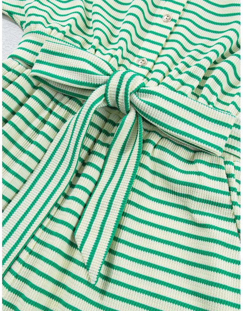 Green Stripe Textured Short Sleeve Collared Buttoned Waist Tie Romper