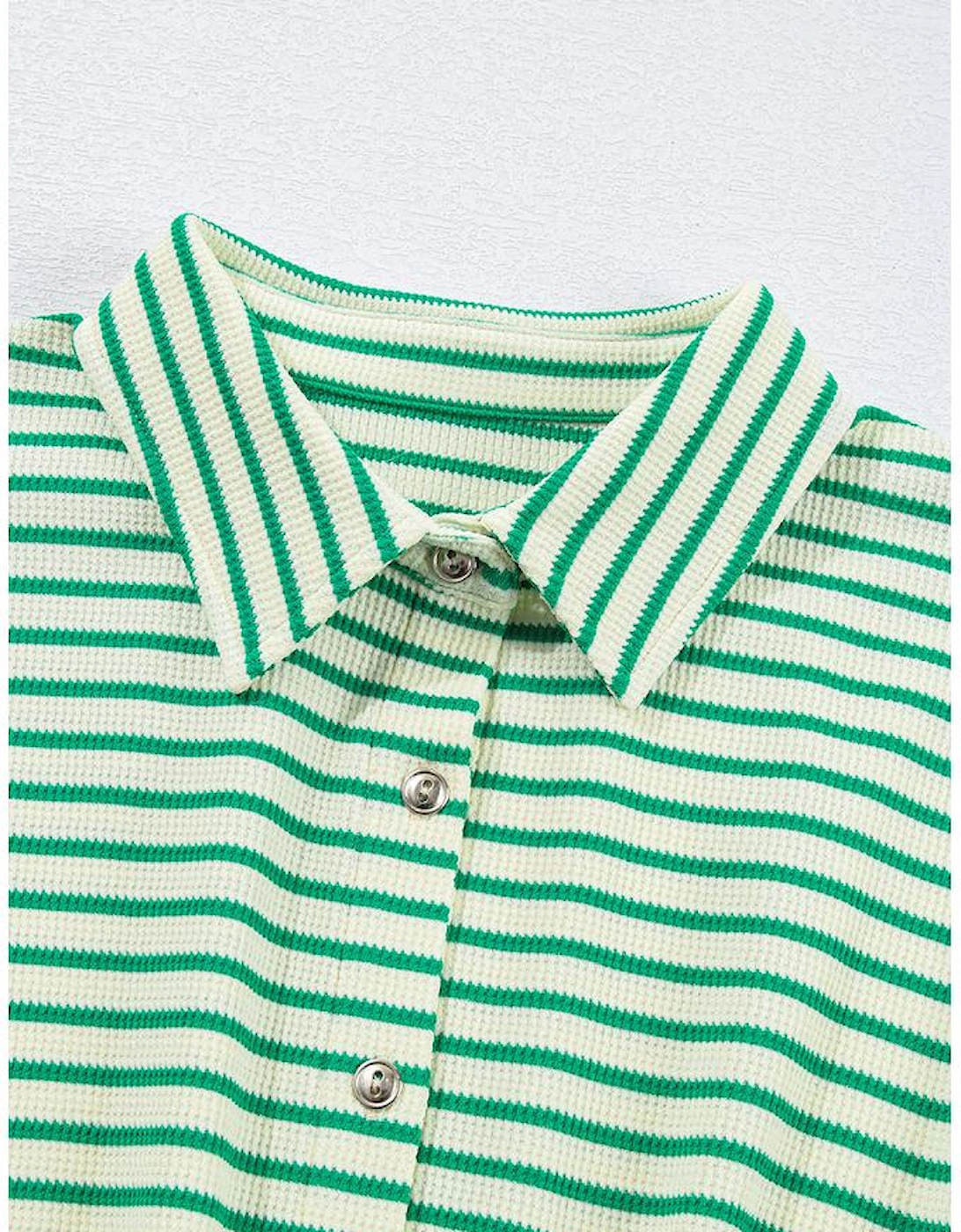 Green Stripe Textured Short Sleeve Collared Buttoned Waist Tie Romper