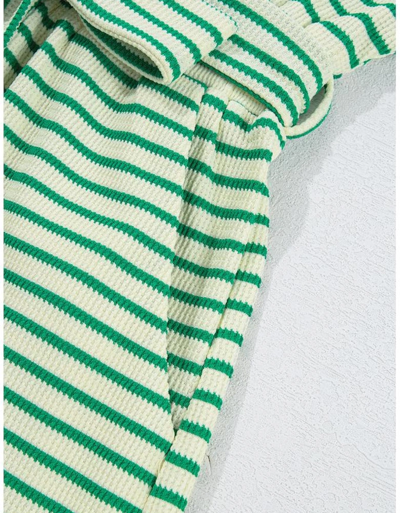 Green Stripe Textured Short Sleeve Collared Buttoned Waist Tie Romper