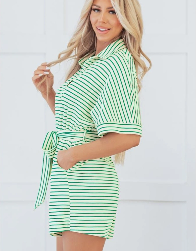 Green Stripe Textured Short Sleeve Collared Buttoned Waist Tie Romper