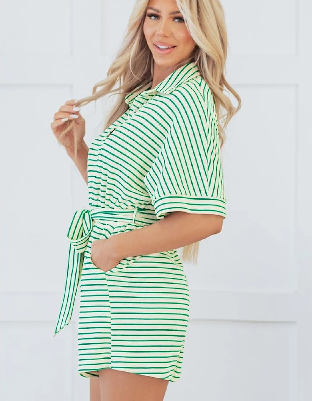 Green Stripe Textured Short Sleeve Collared Buttoned Waist Tie Romper
