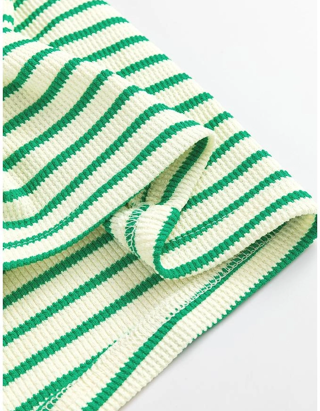 Green Stripe Textured Short Sleeve Collared Buttoned Waist Tie Romper