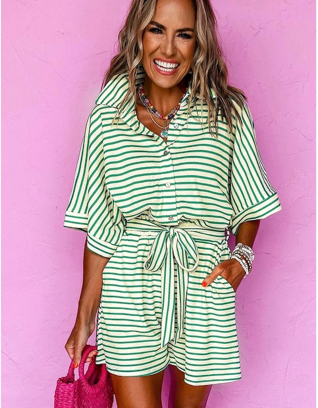 Green Stripe Textured Short Sleeve Collared Buttoned Waist Tie Romper