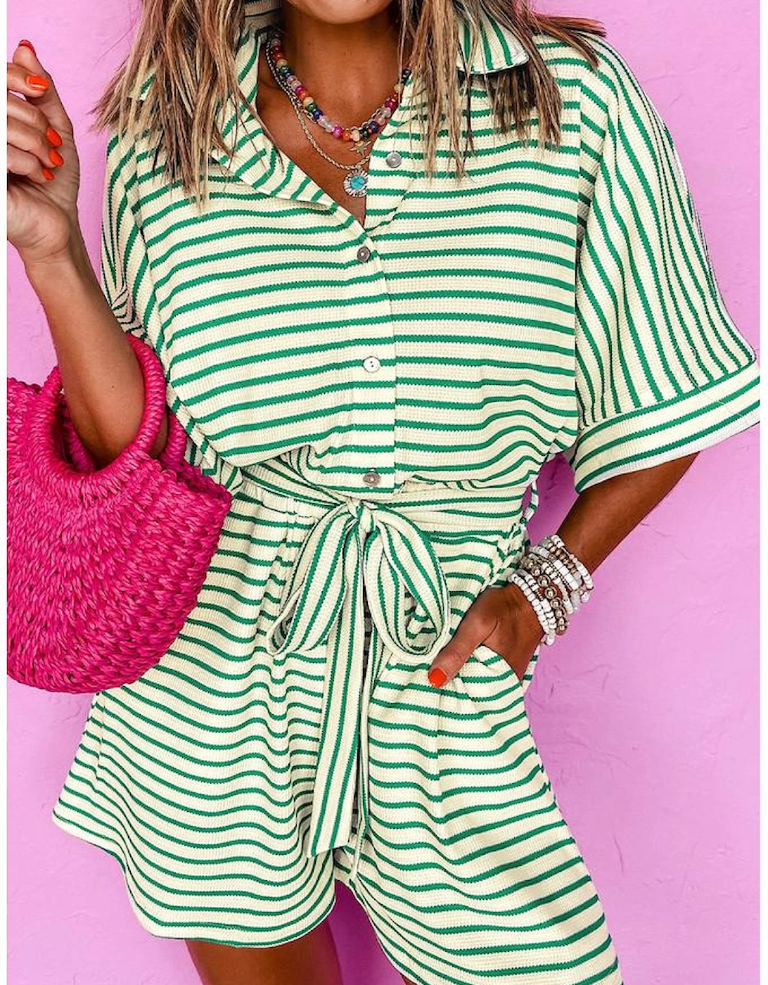 Green Stripe Textured Short Sleeve Collared Buttoned Waist Tie Romper