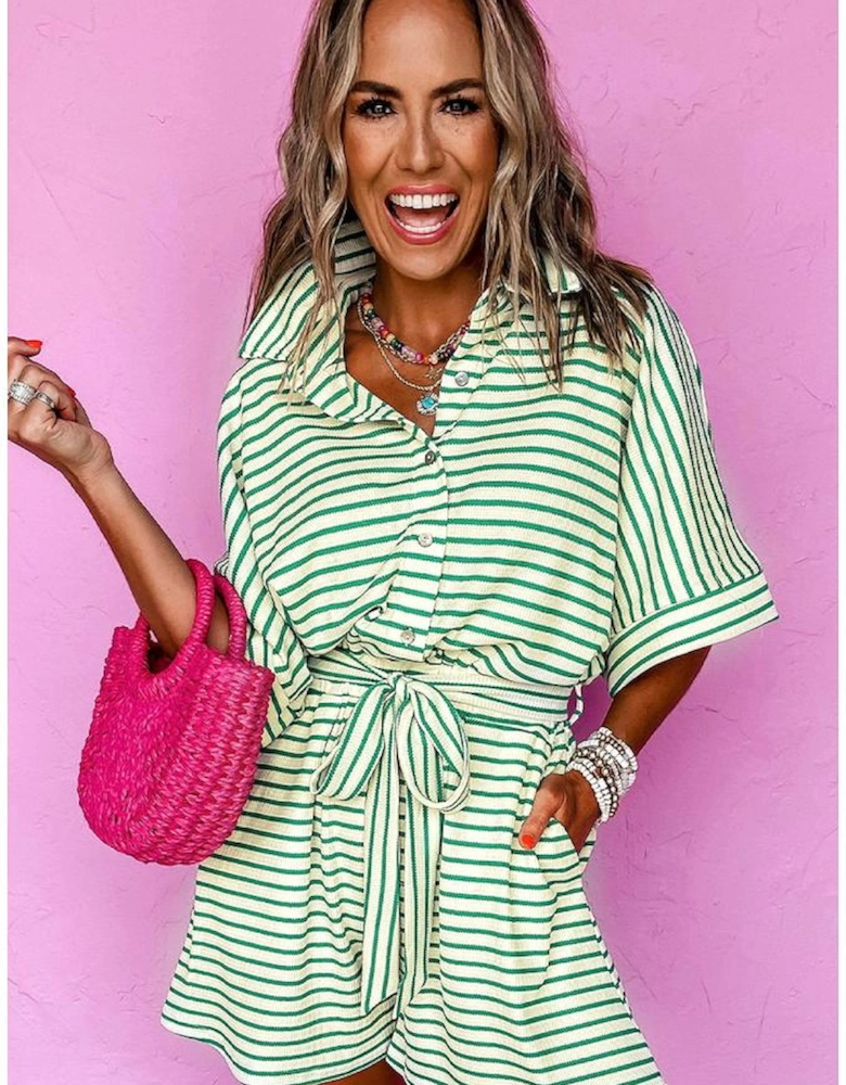 Green Stripe Textured Short Sleeve Collared Buttoned Waist Tie Romper