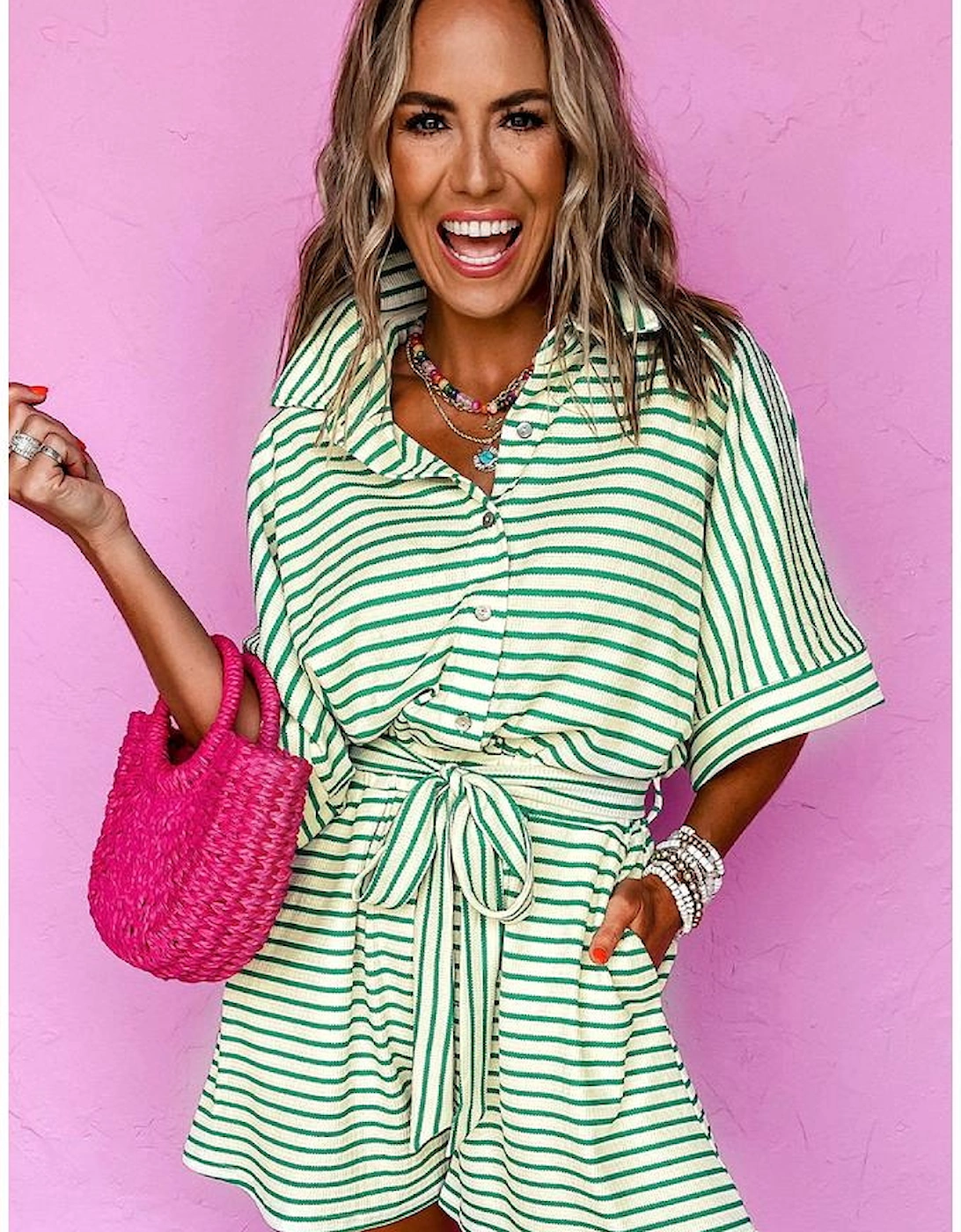 Green Stripe Textured Short Sleeve Collared Buttoned Waist Tie Romper