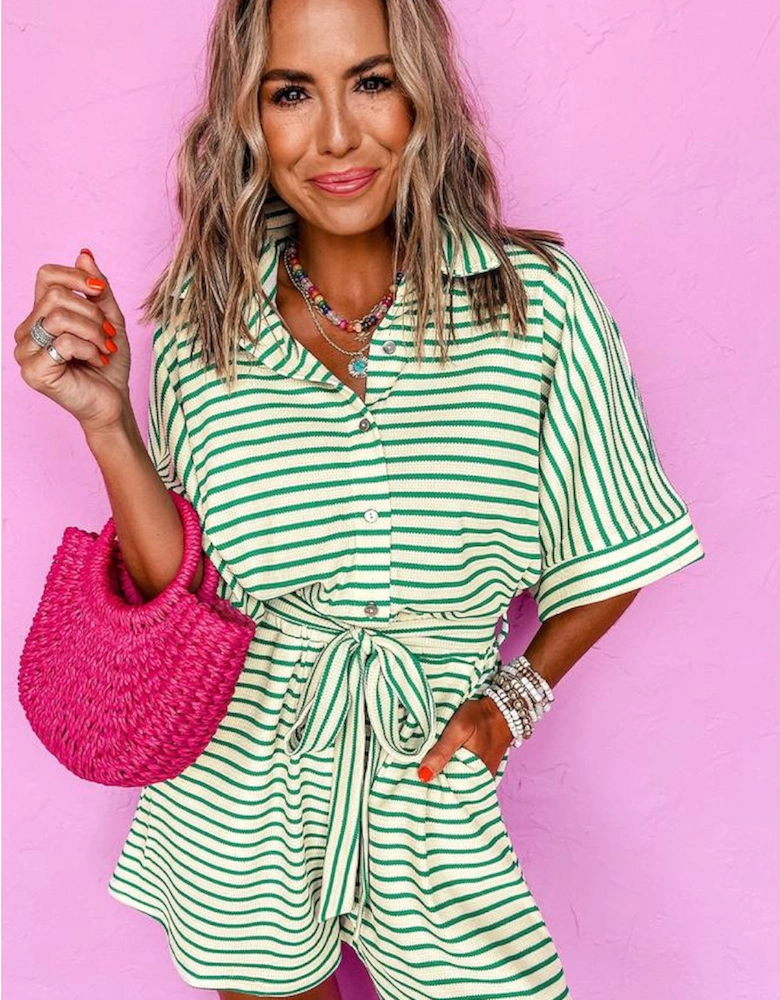 Green Stripe Textured Short Sleeve Collared Buttoned Waist Tie Romper