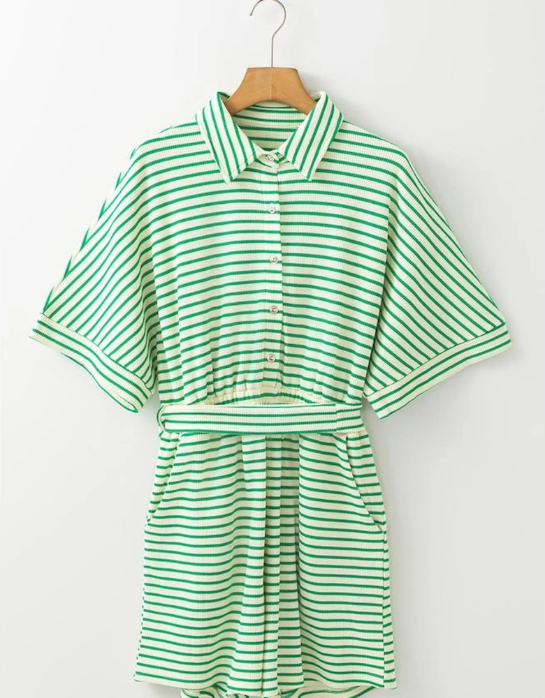 Green Stripe Textured Short Sleeve Collared Buttoned Waist Tie Romper