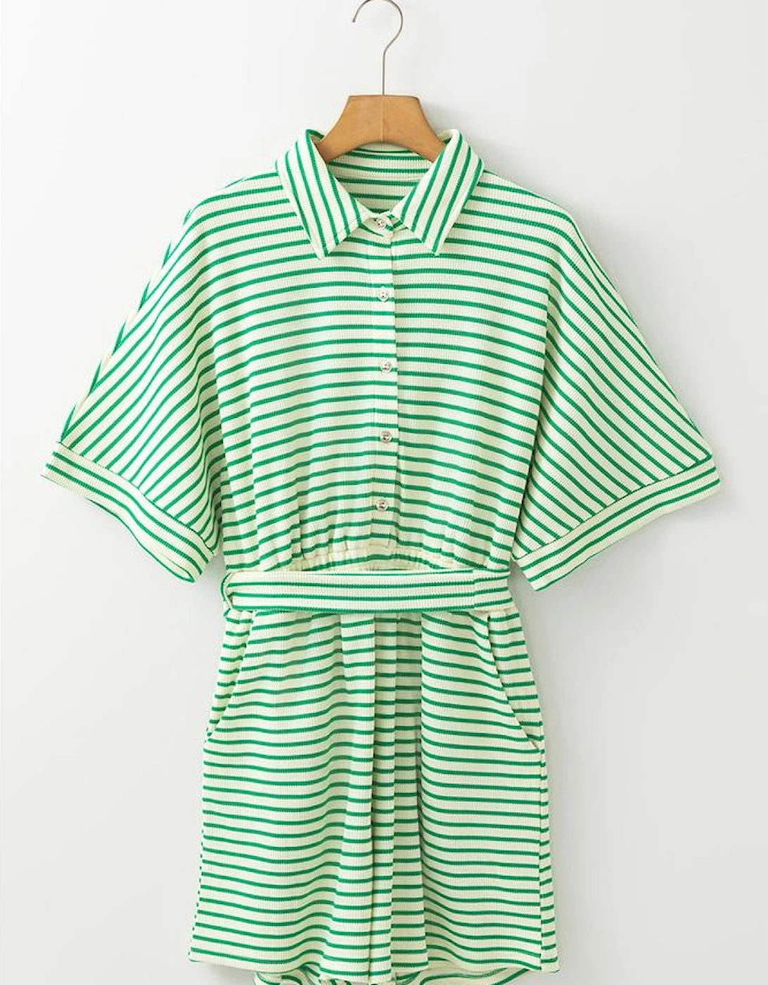 Green Stripe Textured Short Sleeve Collared Buttoned Waist Tie Romper