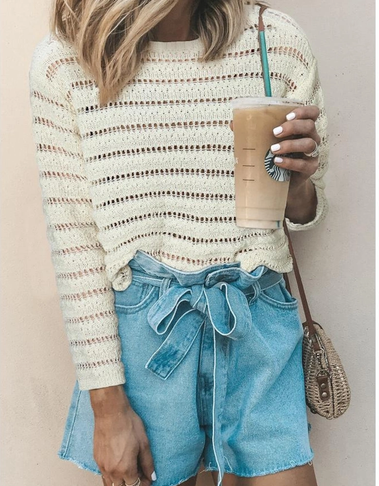 White Hollow Out Knit Round Neck Sweater