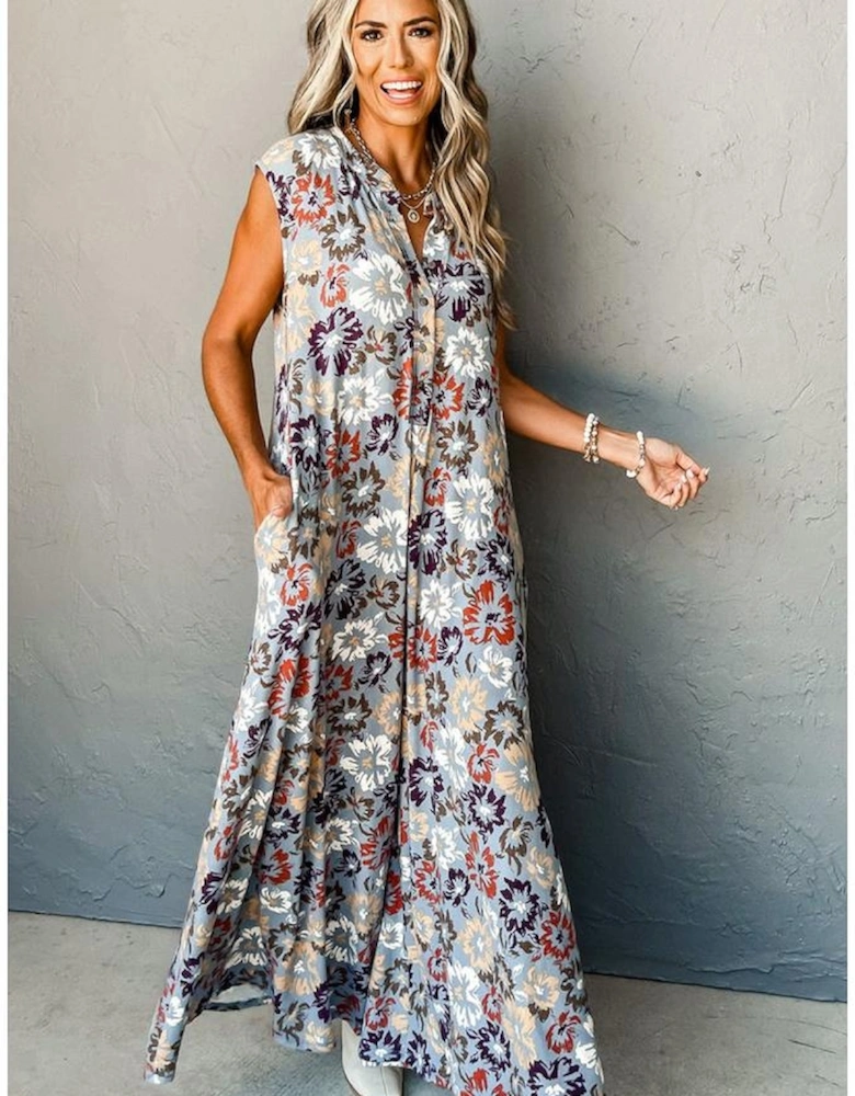 Sky Blue Floral Sleeveless Buttoned Pocketed Wide Leg Jumpsuit