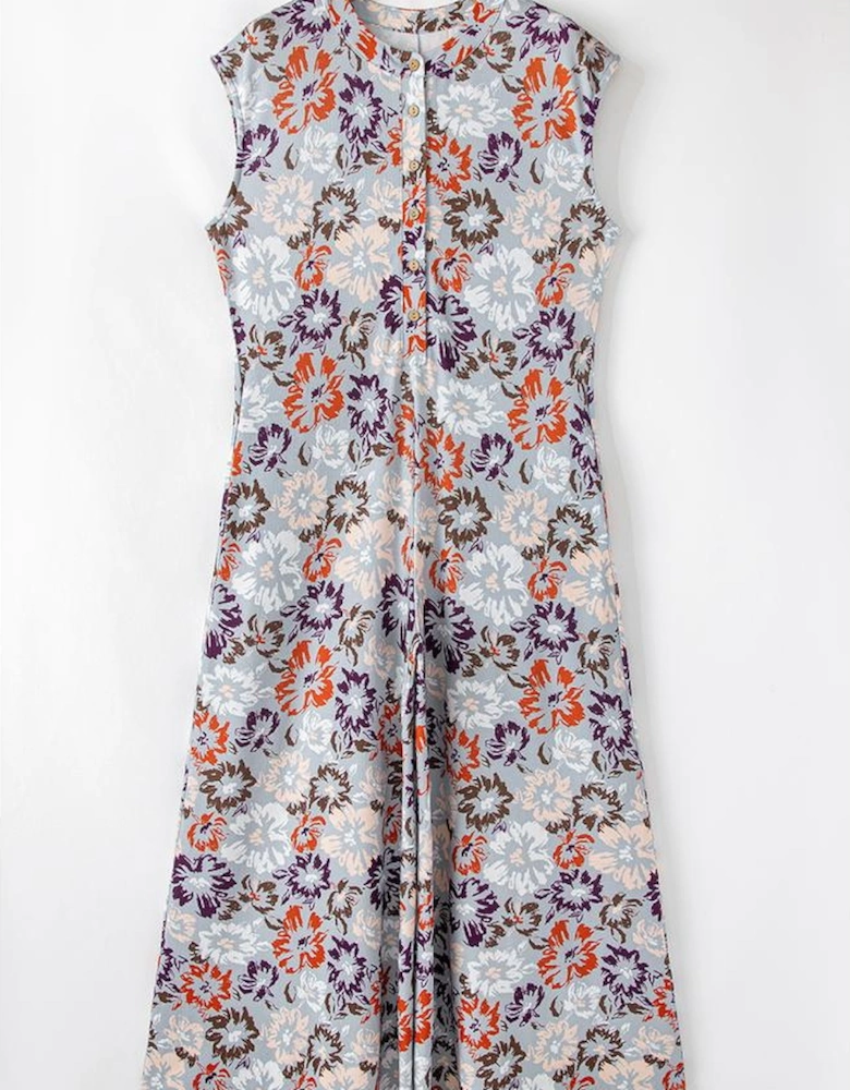 Sky Blue Floral Sleeveless Buttoned Pocketed Wide Leg Jumpsuit