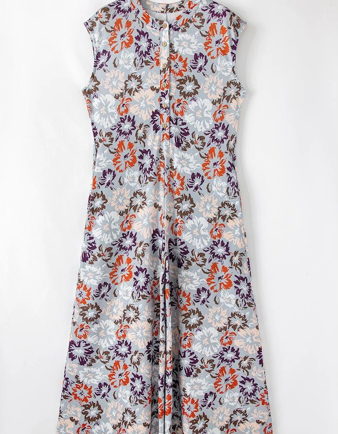 Sky Blue Floral Sleeveless Buttoned Pocketed Wide Leg Jumpsuit