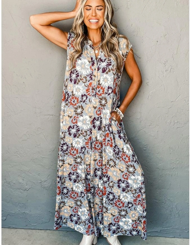 Sky Blue Floral Sleeveless Buttoned Pocketed Wide Leg Jumpsuit