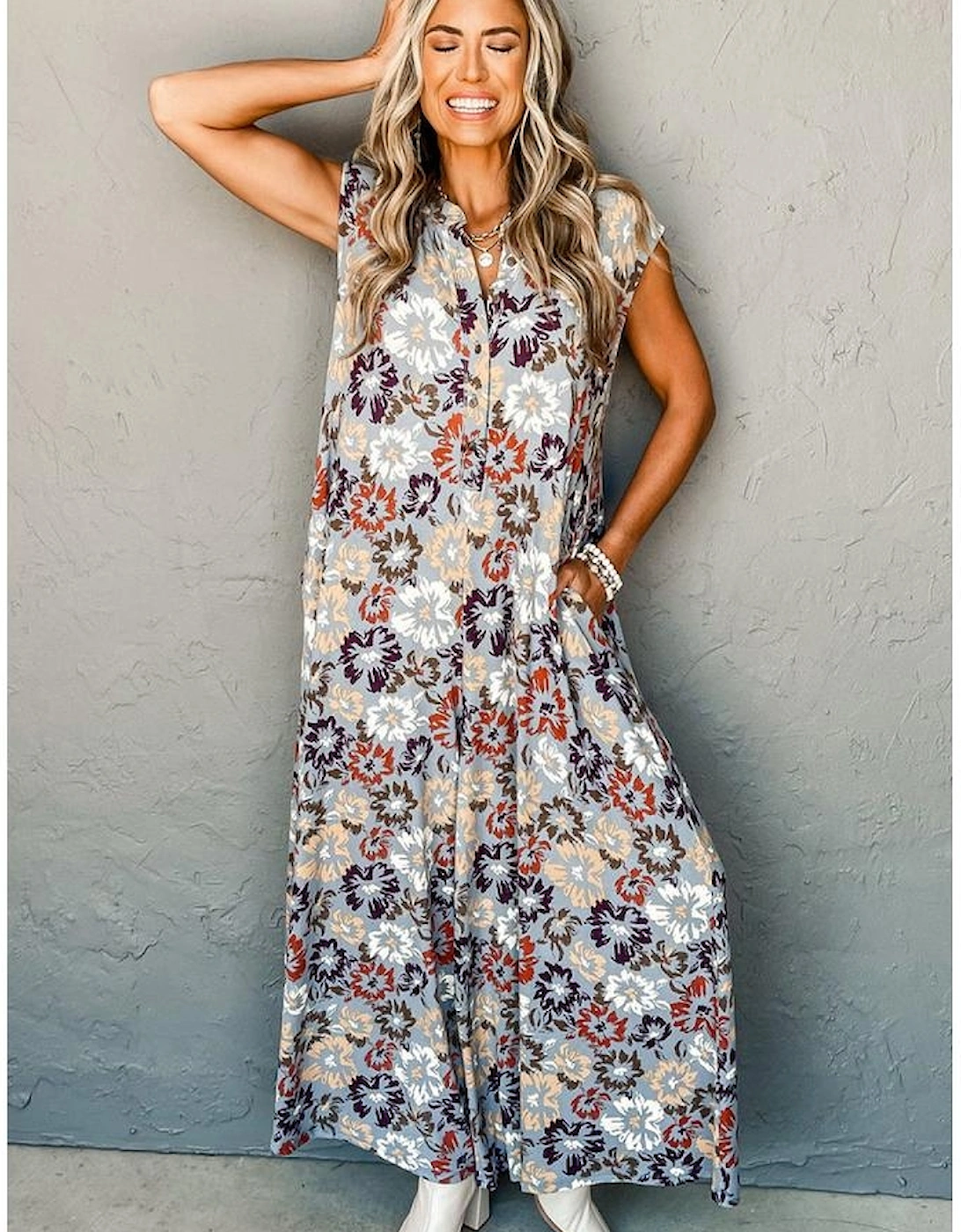 Sky Blue Floral Sleeveless Buttoned Pocketed Wide Leg Jumpsuit