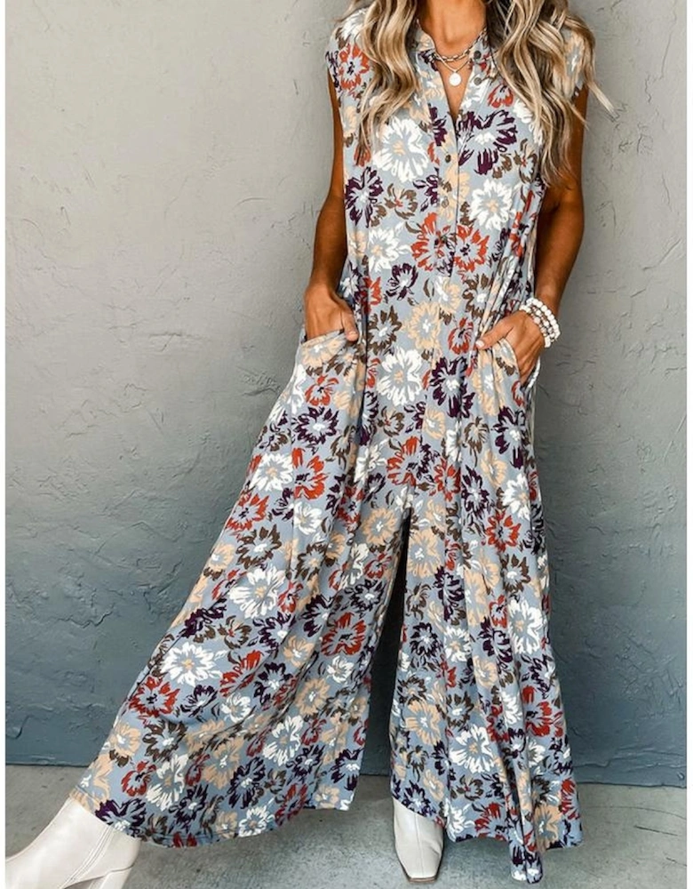 Sky Blue Floral Sleeveless Buttoned Pocketed Wide Leg Jumpsuit