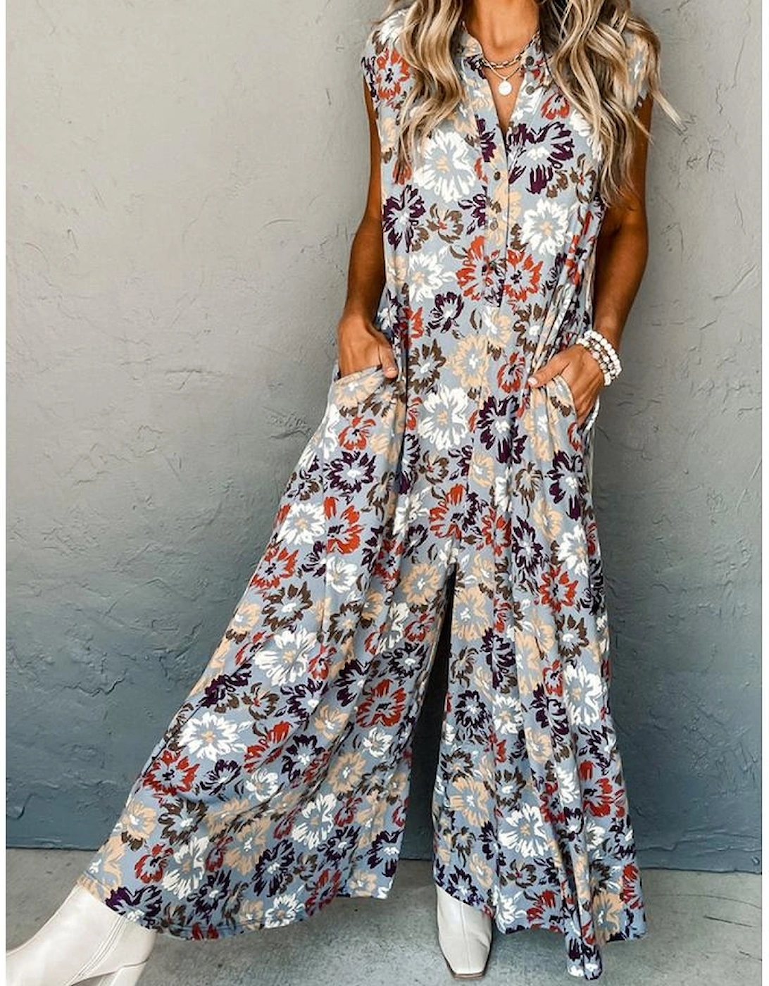 Sky Blue Floral Sleeveless Buttoned Pocketed Wide Leg Jumpsuit