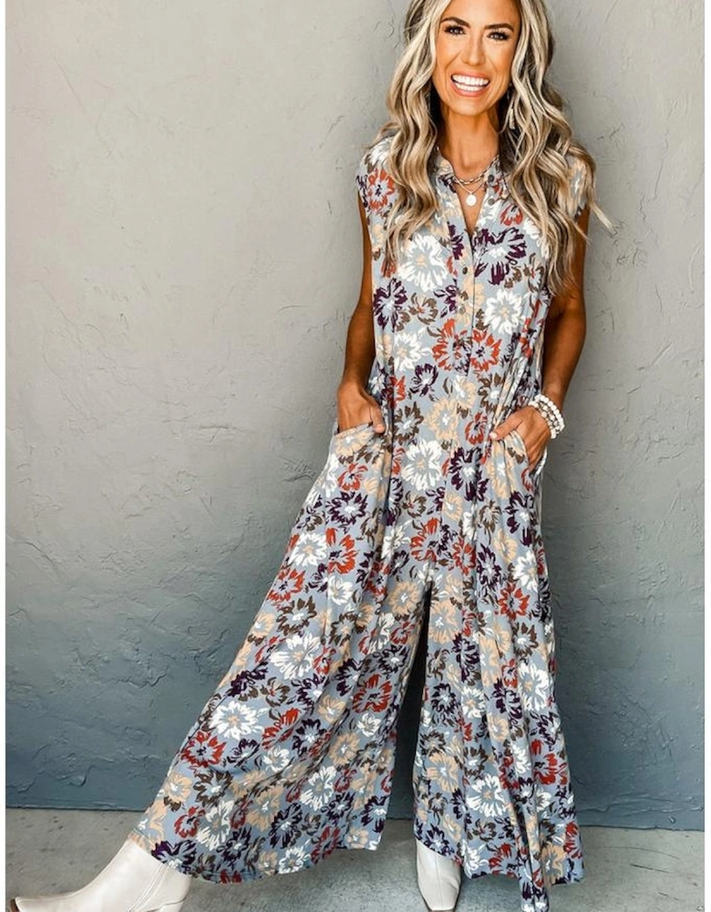 Sky Blue Floral Sleeveless Buttoned Pocketed Wide Leg Jumpsuit