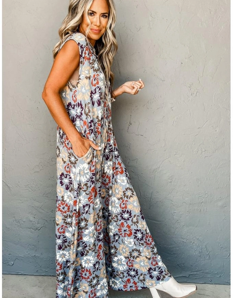 Sky Blue Floral Sleeveless Buttoned Pocketed Wide Leg Jumpsuit