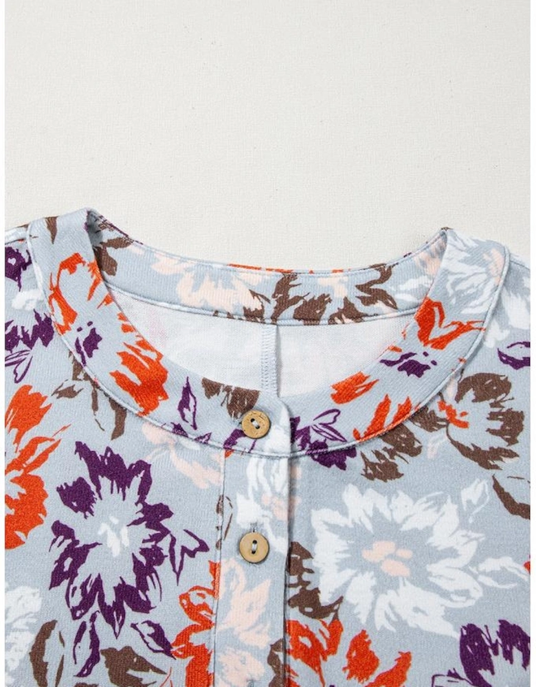 Sky Blue Floral Sleeveless Buttoned Pocketed Wide Leg Jumpsuit