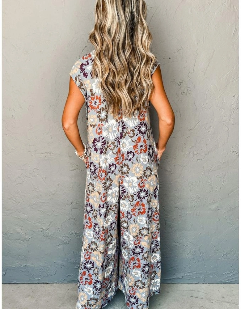 Sky Blue Floral Sleeveless Buttoned Pocketed Wide Leg Jumpsuit
