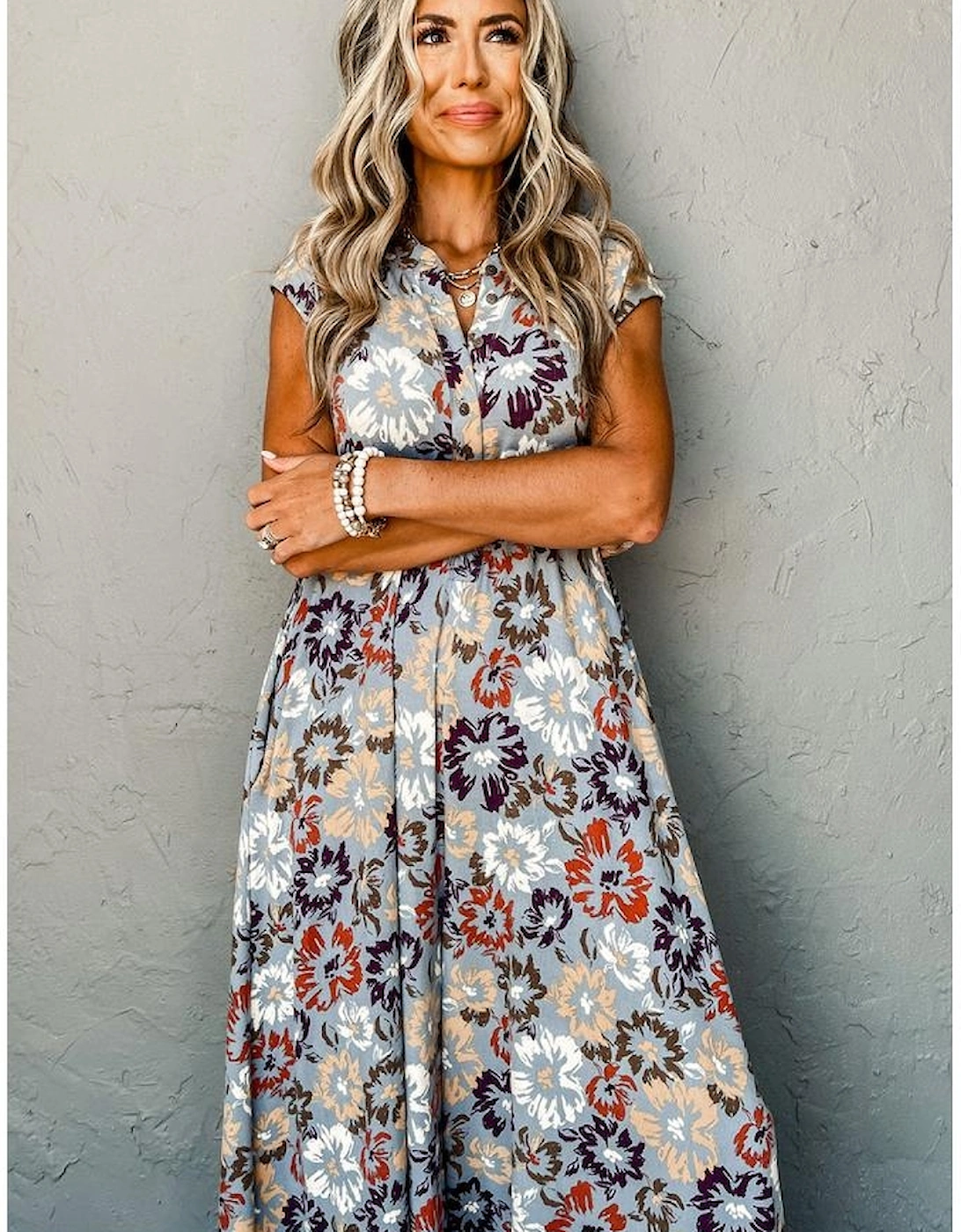 Sky Blue Floral Sleeveless Buttoned Pocketed Wide Leg Jumpsuit