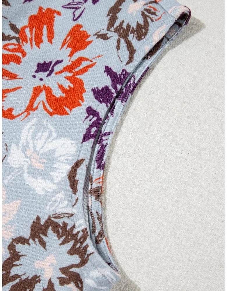 Sky Blue Floral Sleeveless Buttoned Pocketed Wide Leg Jumpsuit