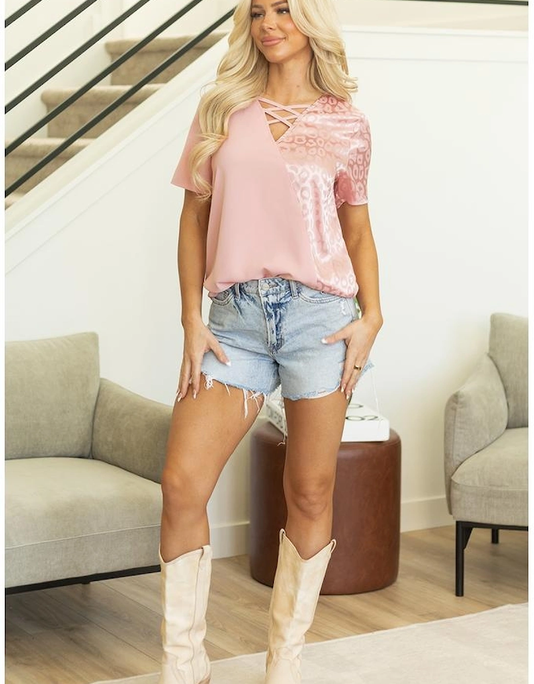 Apricot Pink Leopard Jacquard Patchwork Crisscross V Neck Short Sleeve Blouse