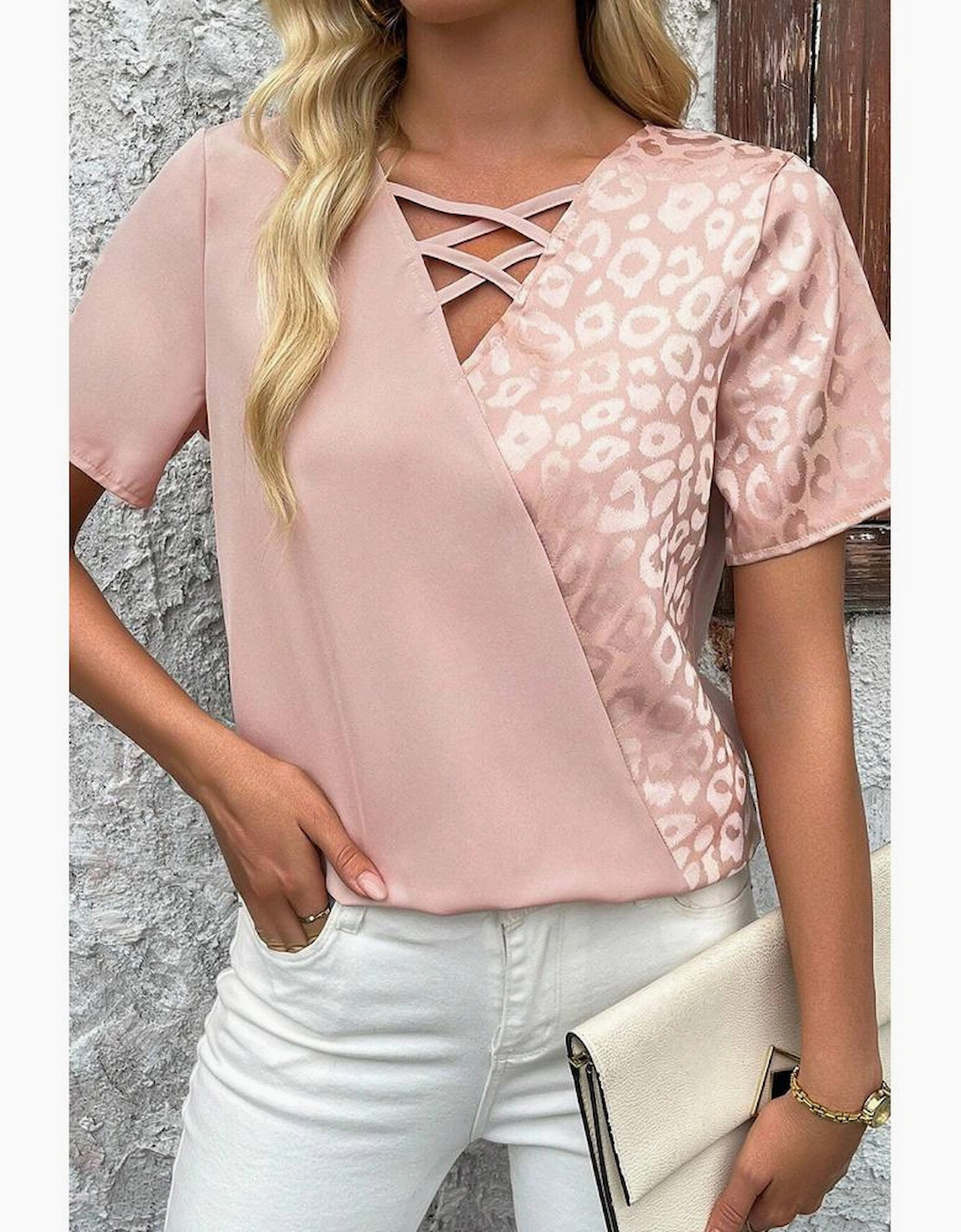 Apricot Pink Leopard Jacquard Patchwork Crisscross V Neck Short Sleeve Blouse