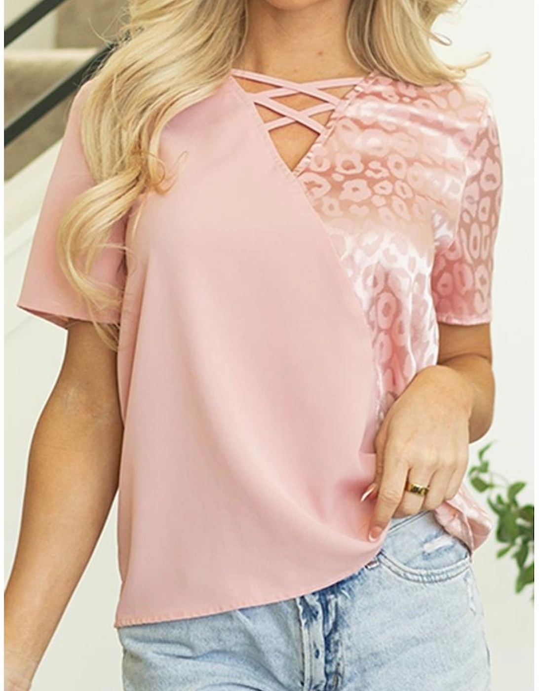 Apricot Pink Leopard Jacquard Patchwork Crisscross V Neck Short Sleeve Blouse