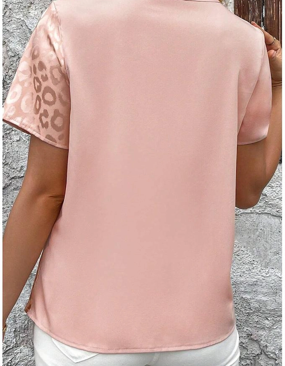 Apricot Pink Leopard Jacquard Patchwork Crisscross V Neck Short Sleeve Blouse