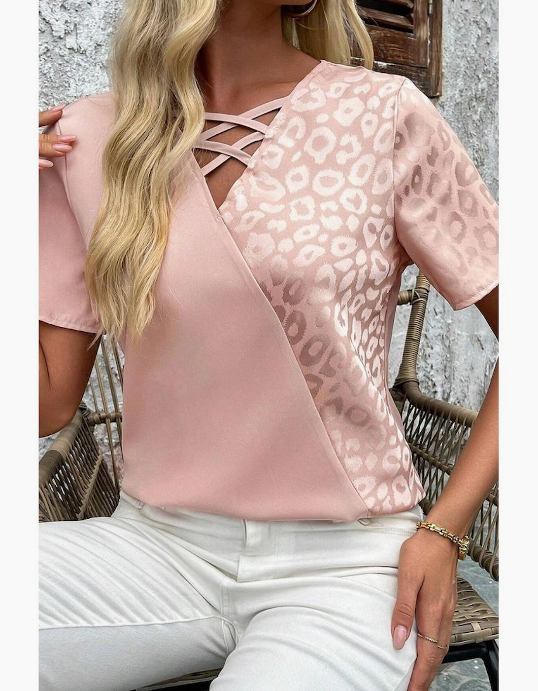 Apricot Pink Leopard Jacquard Patchwork Crisscross V Neck Short Sleeve Blouse