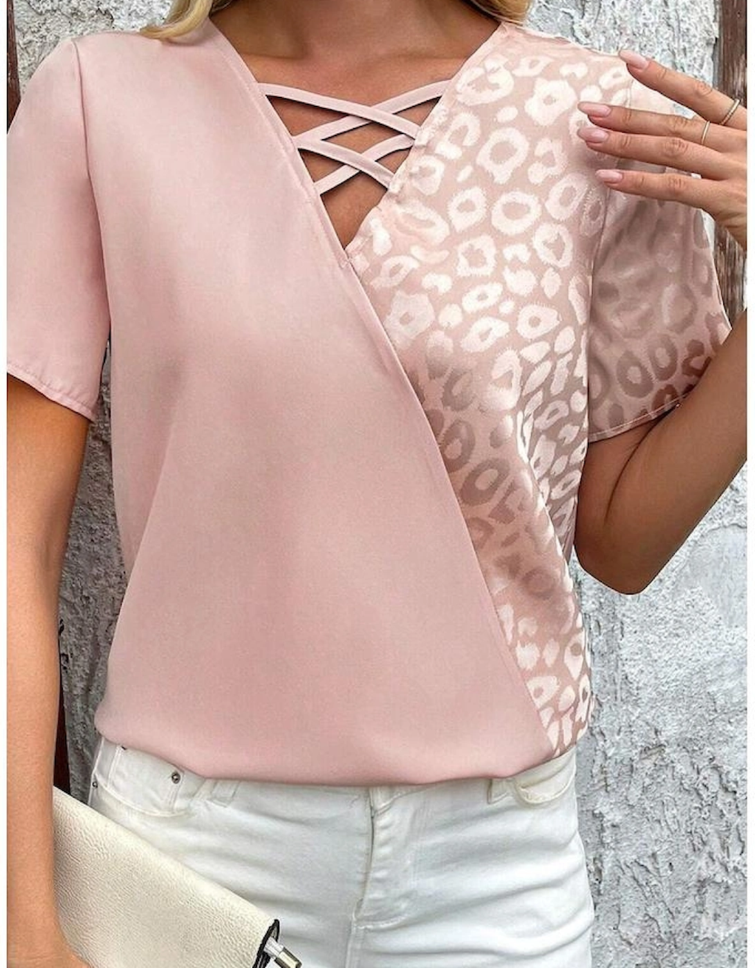 Apricot Pink Leopard Jacquard Patchwork Crisscross V Neck Short Sleeve Blouse