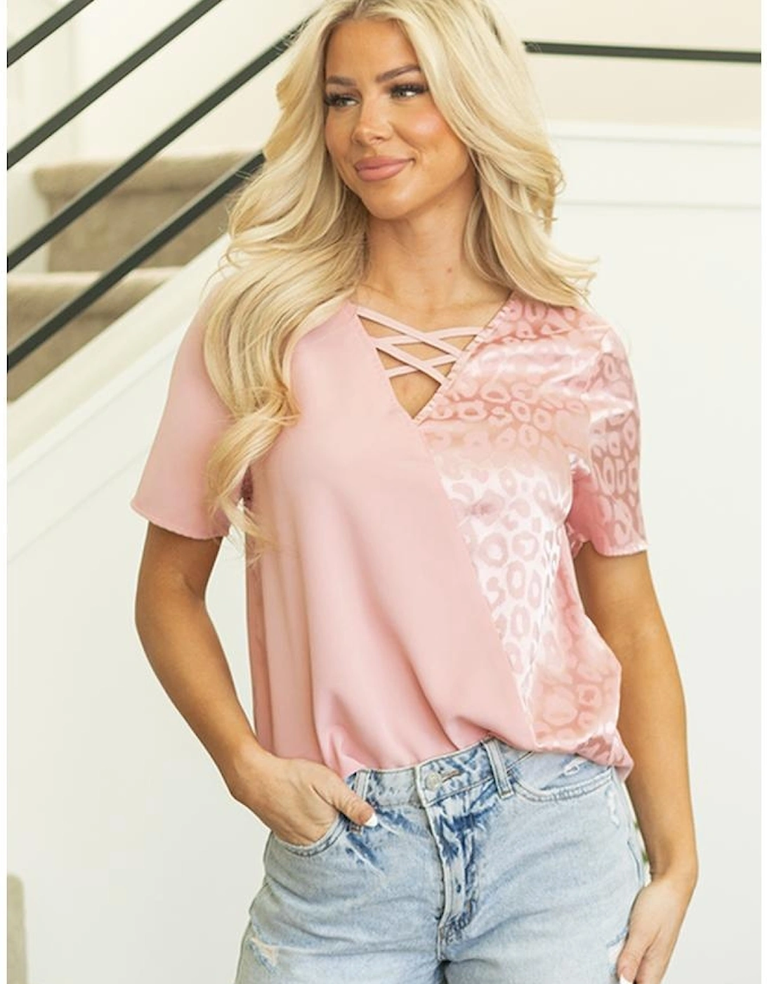 Apricot Pink Leopard Jacquard Patchwork Crisscross V Neck Short Sleeve Blouse