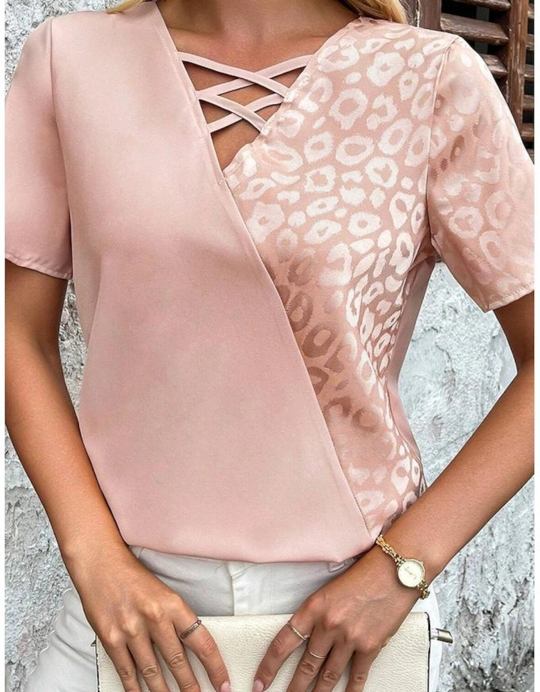 Apricot Pink Leopard Jacquard Patchwork Crisscross V Neck Short Sleeve Blouse