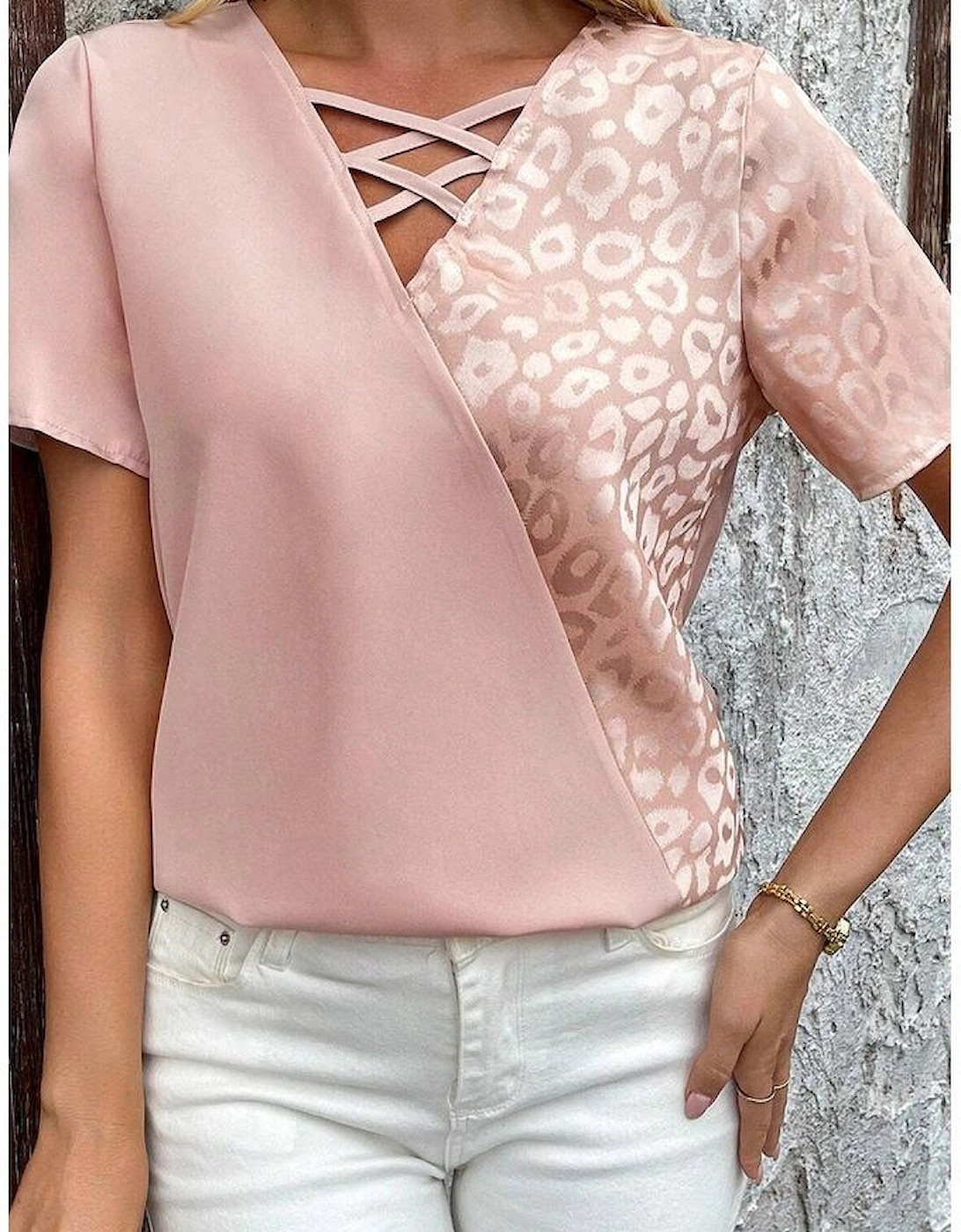 Apricot Pink Leopard Jacquard Patchwork Crisscross V Neck Short Sleeve Blouse