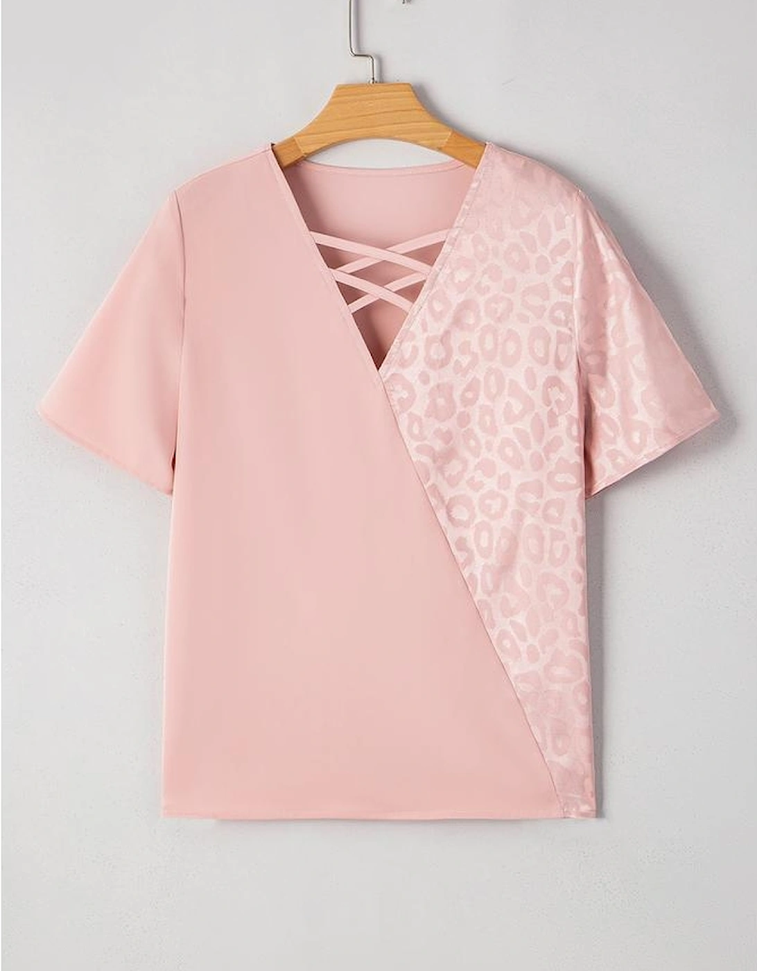 Apricot Pink Leopard Jacquard Patchwork Crisscross V Neck Short Sleeve Blouse